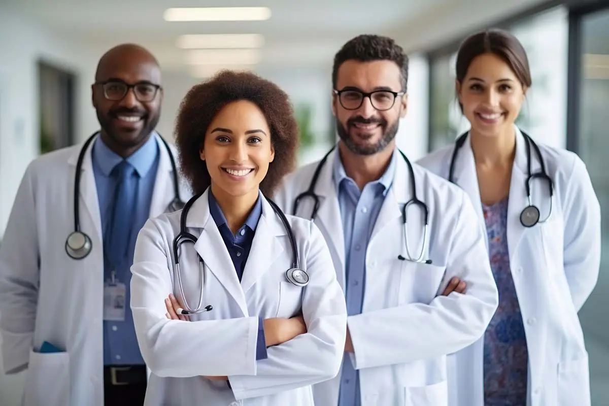 Group of doctors in white coats smiling in a hospital hallway