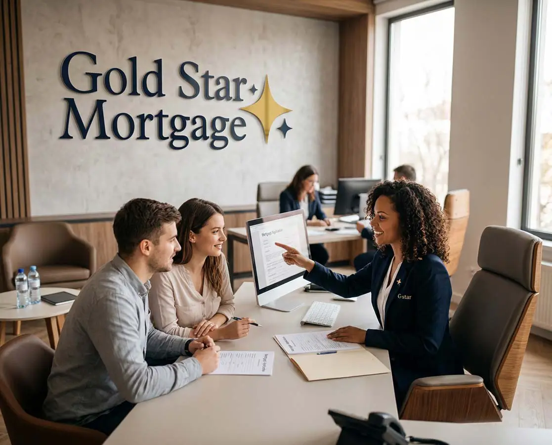 Couple reviewing a mortgage application with a Gold Star loan officer